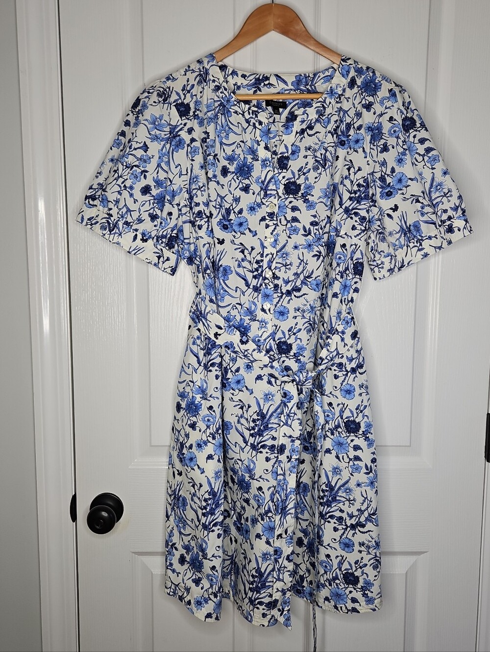 Talbots Puff Sleeve Poplin Belted Shirt Dress 2X Petite Plus Blue Floral Print